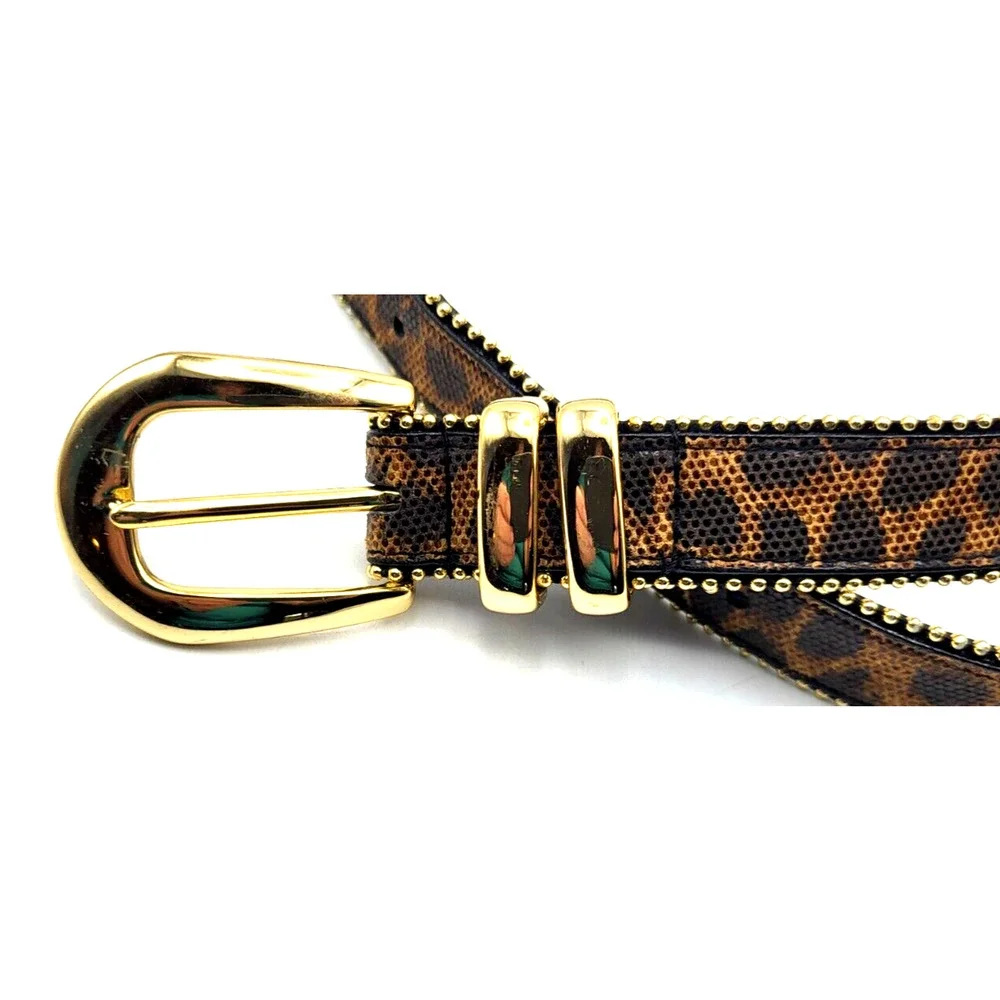 Amiee Lynn Leopard Print Leather Belt Gold Studded with Gold Buckle Size Small